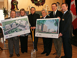 <strong>New Affordable Housing in Thunder Bay</strong> (from left to right): <strong>Michael Gravelle</strong>, MPP, Thunder Bay-Superior North & Honorable Minister of Northern Development, Mines & Forestry; <strong>Tracy Buckler</strong>, President & CEO, St. Joseph's Care Group; <strong>Bill Mauro</strong>, MPP, Thunder Bay-Atikokan; <strong>Joe Virdiramo</strong>, Councillor, Westfort Ward, City of Thunder Bay; <strong>Brian McKinnon</strong>, Acting Mayor, City of Thunder Bay; <strong>Patrick LaRocque</strong>, Canada Mortgage & Housing Corporation