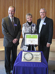 <strong>SJCG Receives LEED Gold Certification</strong> (from left to right): <strong>John Stephenson</strong>, Lead Architect, FORM Architecture Engineering; <strong>Tracy Buckler</strong>, President & CEO, St. Joseph's Care Group; <strong>Ray Halverson</strong>, Chair, Board of Directors, St. Joseph's Care Group