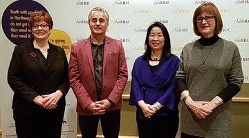 <strong>NorthBEAT Collaborative Media Launch</strong> (from left to right): <strong>Myrna Holman</strong>, Vice President, People Mission and Values, St. Joseph's Care Group; <strong>Bill Mauro</strong>, Members of Provincial Parliament for Thunder Bay-Atikokan; <strong>Dr. Chi Cheng</strong>, NorthBEAT Project Lead; <strong>Lesley Bell</strong>, Ontario Trillium Foundation Youth Opportunities Fund