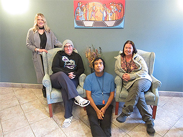 Clinical Supervisor Colleen Veneruzzo (left) and RPN Suzy Hill (right) with The Lodge residents Crystal and Curtis.