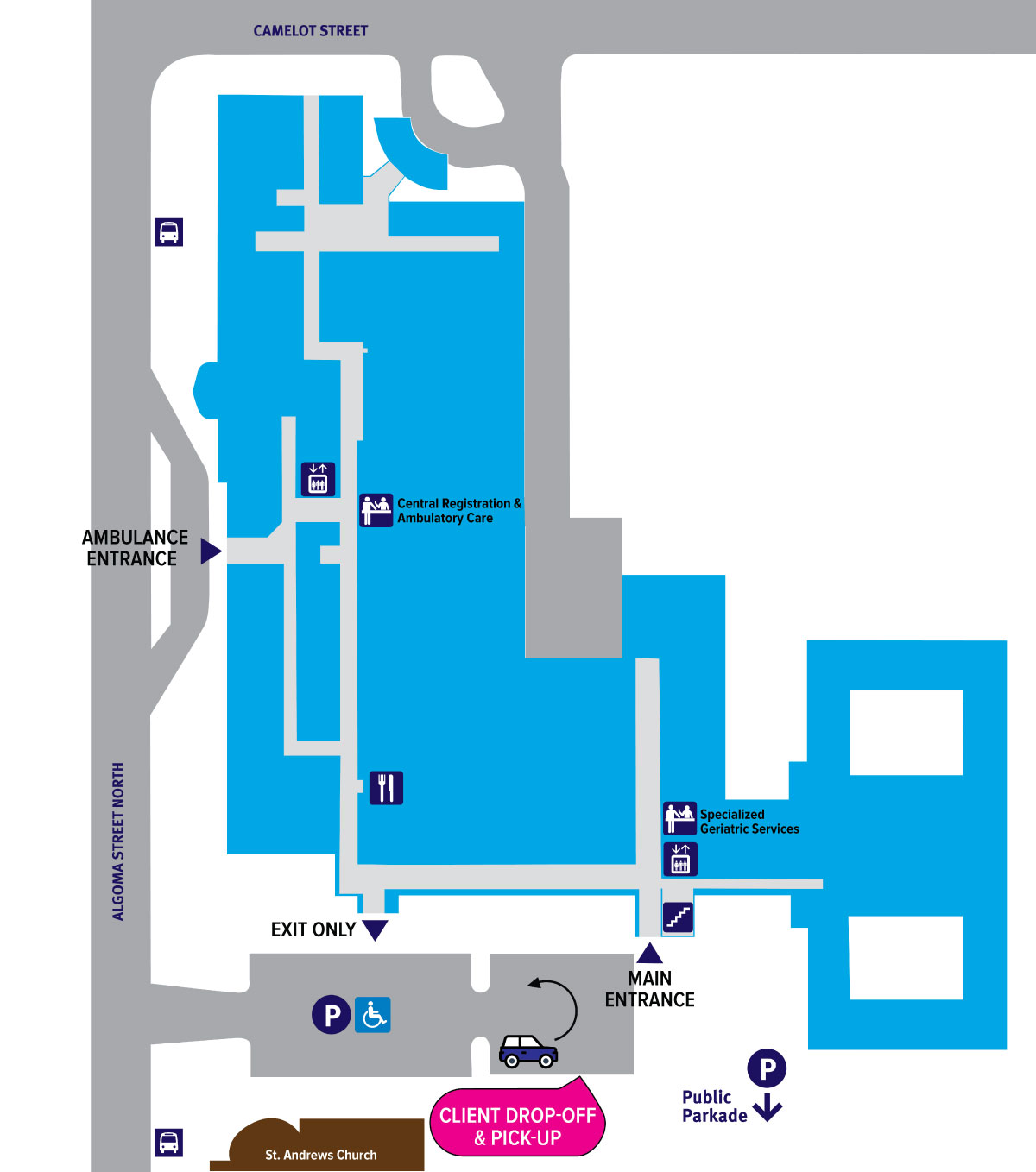 Map showing changes due to construction at the main entrance to St. Joseph's Hospital construction map